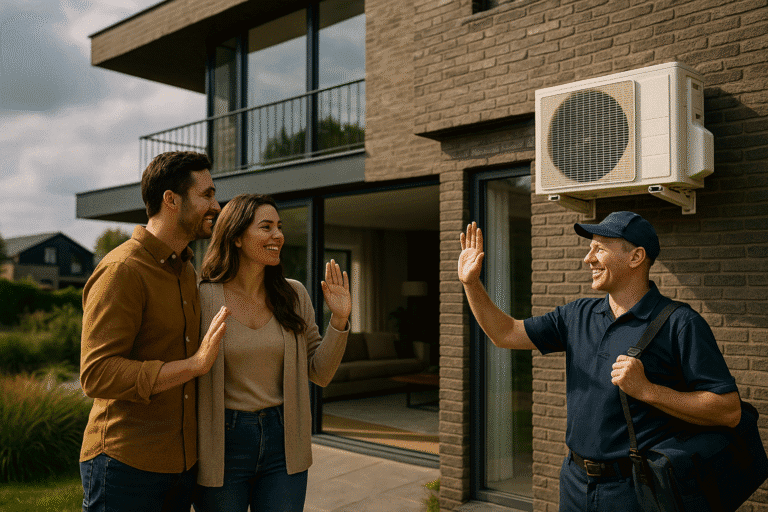 Tevreden koppel bij een huis in Almere dat de monteur uitzwaait na de installatie van de airco
