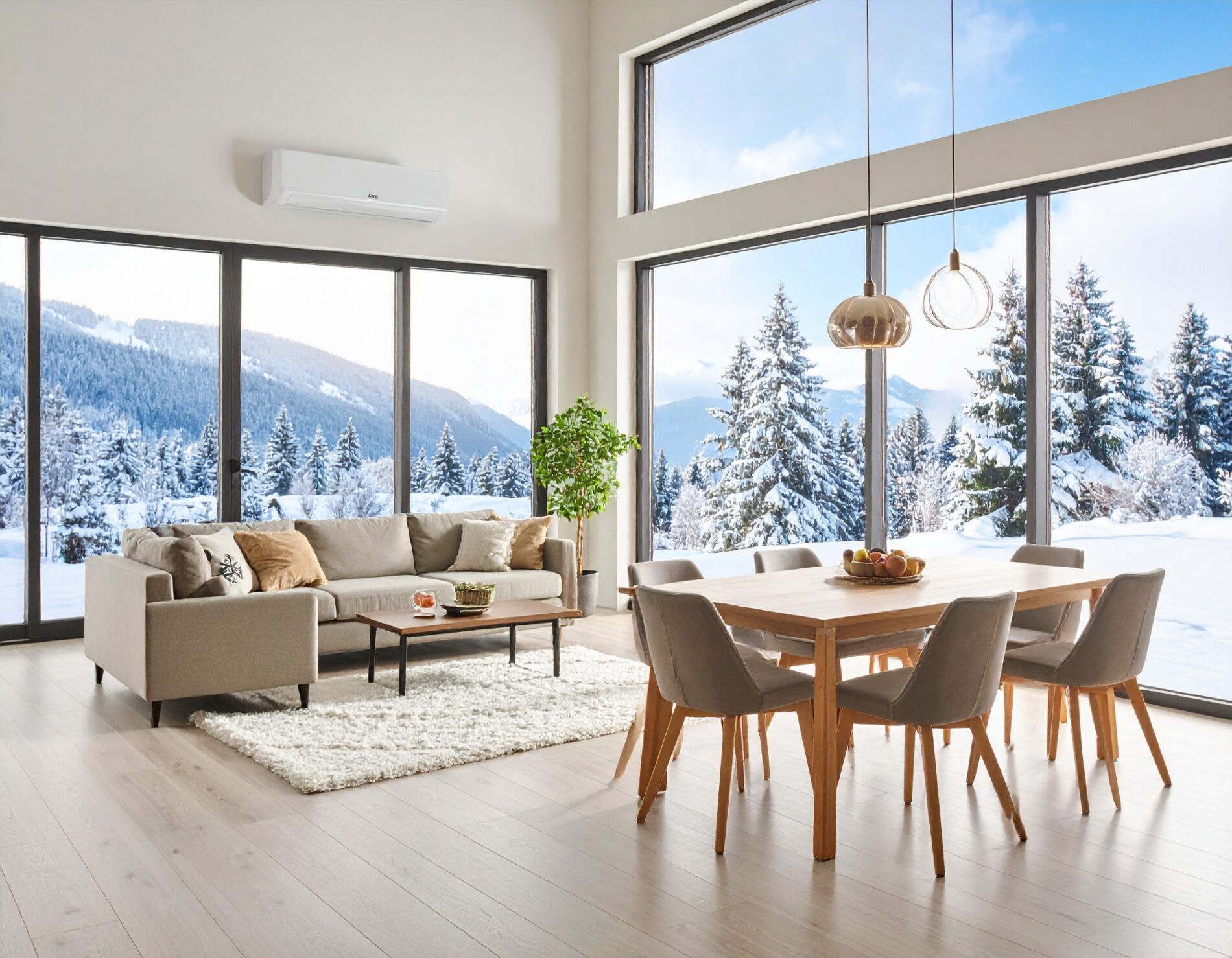 Gezellige huiskamer tijdens een winterdag met de verwarming van een airco